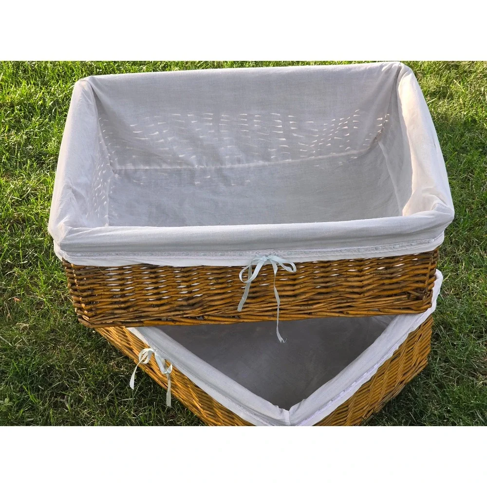 Set of 2 Woven Willow Storage Baskets with Lace Trim Fabric Liners Brown White